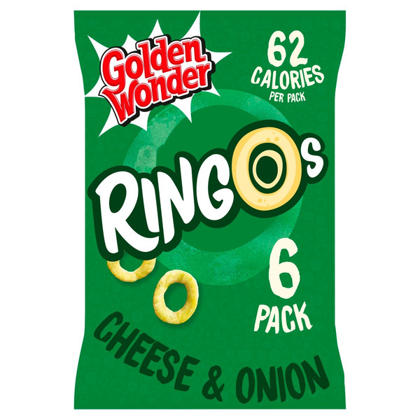 Golden Wonder Ringos Cheese and Onion Crisps, 6 x 12.5g, front of pack, available at crisps.biz