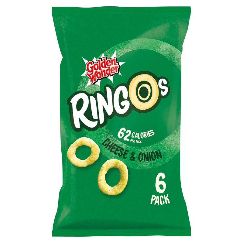 Golden Wonder Ringos Cheese and Onion Crisps, 6 x 12.5g, pack shot 2, available at crisps.biz