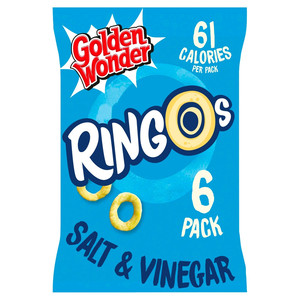 Golden Wonder Ringos Salt and Vinegar Crisps, 6 x 12.5g, front of pack, available at crisps.biz