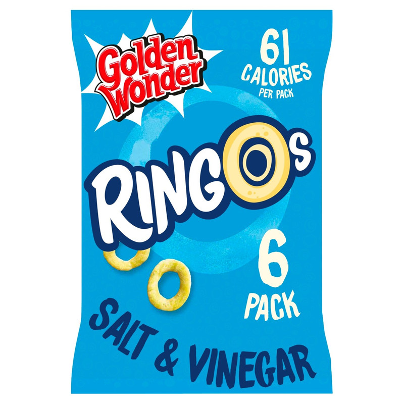 Golden Wonder Ringos Salt and Vinegar Crisps, 6 x 12.5g, front of pack, available at crisps.biz