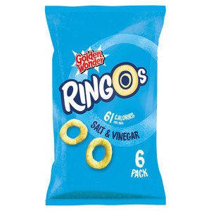 Golden Wonder Ringos Salt and Vinegar Crisps, 6 x 12.5g, pack shot 2, available at crisps.biz