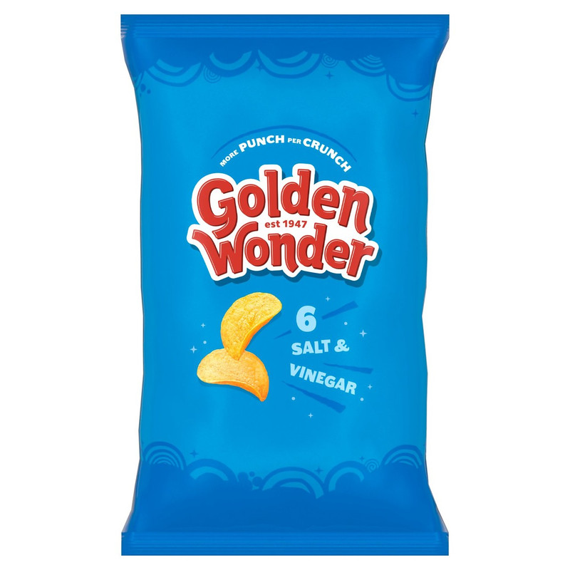 Golden Wonder Salt and Vinegar Crisps, 6 x 25g, front of pack, available at crisps.biz