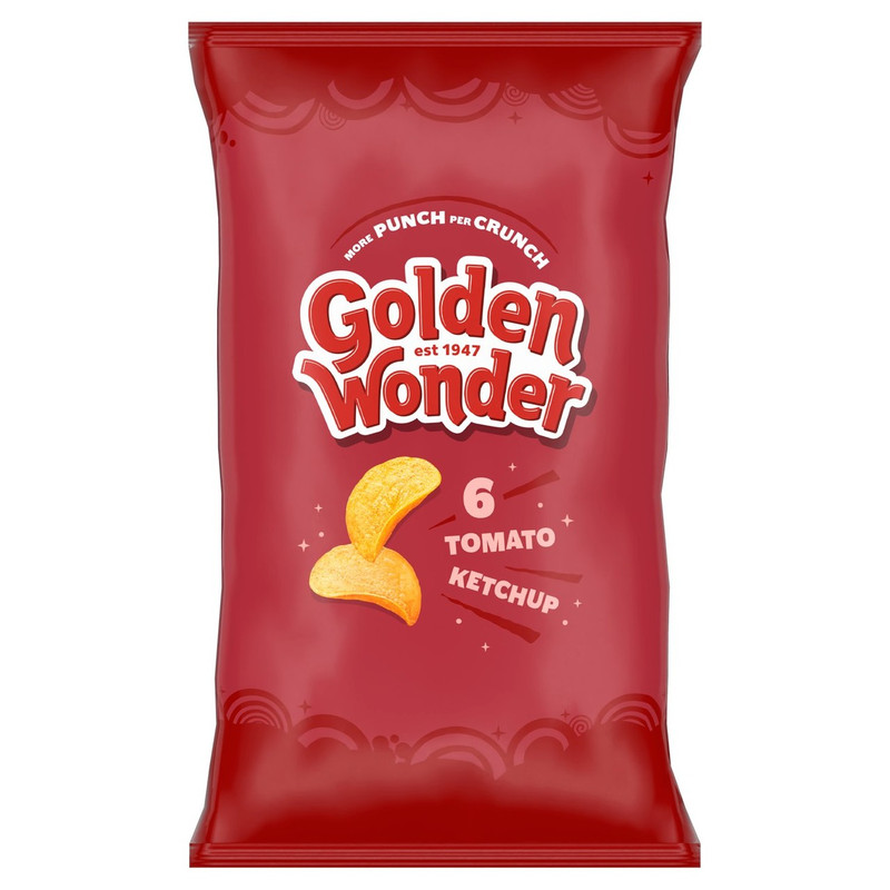Golden Wonder Tomato Ketchup Crisps, 6 x 25g, front of pack, available at crisps.biz