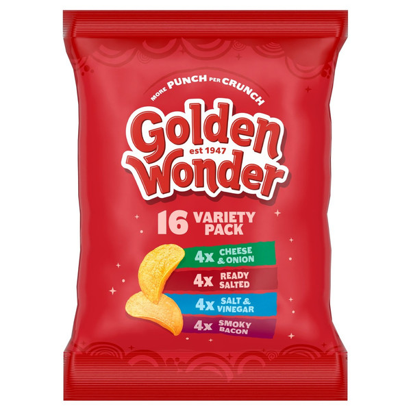 Golden Wonder Variety Crisps, 16 x 25g, front of pack, available at crisps.biz