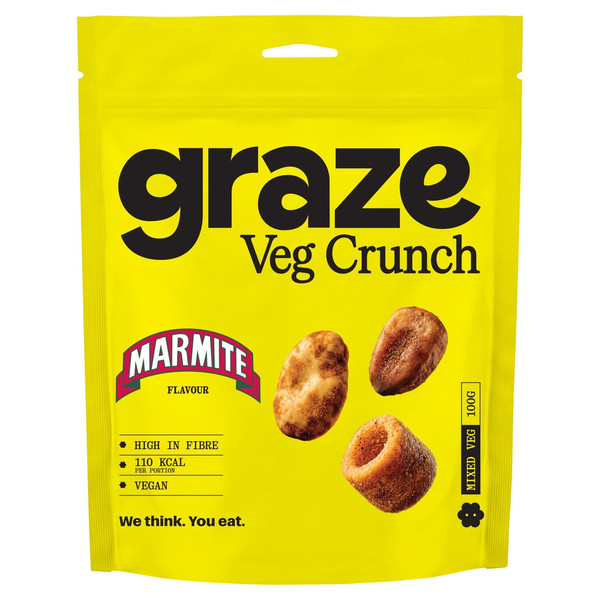 Graze Marmite Veg Crunch, 100g, front of pack, available at crisps.biz