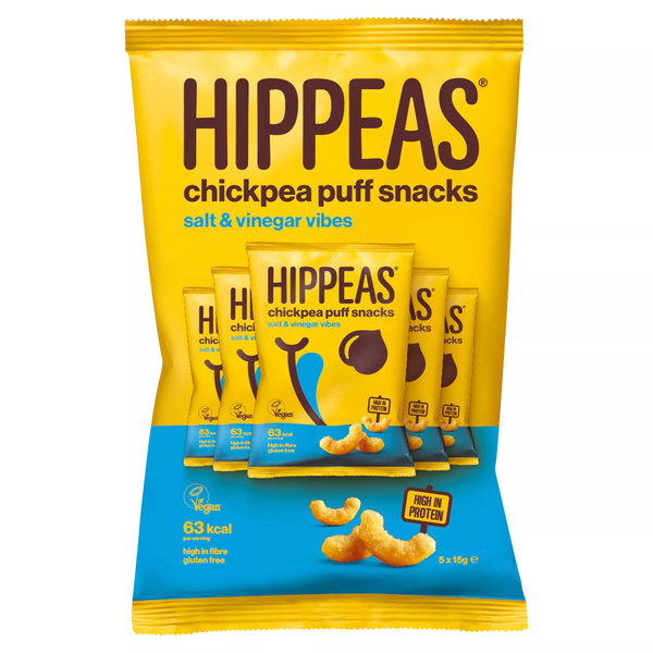 Hippeas Salt and Vinegar Vibes Chickpea Puff Snacks, 5 x 15g, front of pack, available at crisps.biz