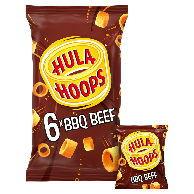 Hula Hoops BBQ Beef Potato Rings, 6 x 24g, front of pack, available at crisps.biz