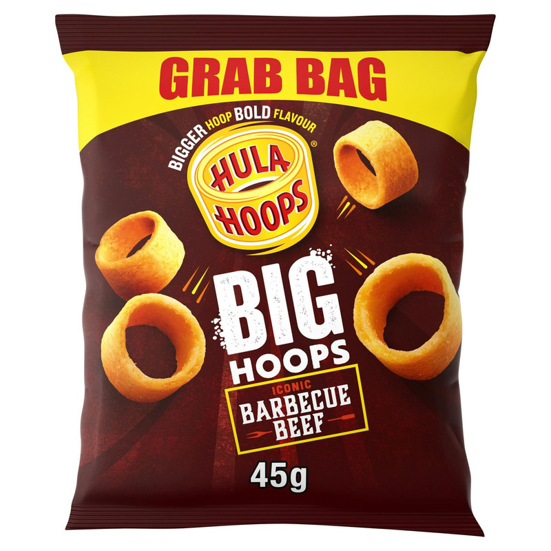 Hula Hoops Big Hoops BBQ Beef Potato Rings, 45g, front of pack, available at crisps.biz