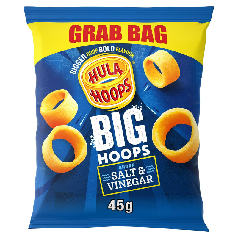 Hula Hoops Big Hoops Salt and Vinegar Potato Rings, 45g, front of pack, available at crisps.biz