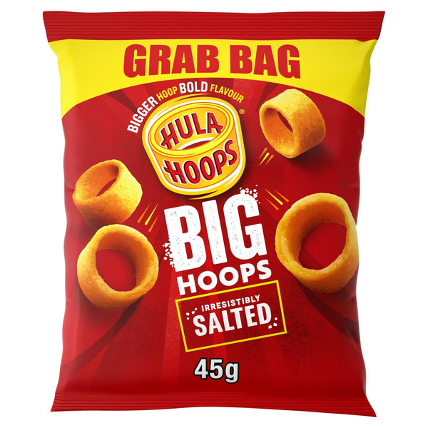 Hula Hoops Big Hoops Salted Potato Rings, 45g, front of pack, available at crisps.biz