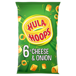 Hula Hoops Cheese and Onion Potato Rings, 6 x 24g, front of pack, available at crisps.biz
