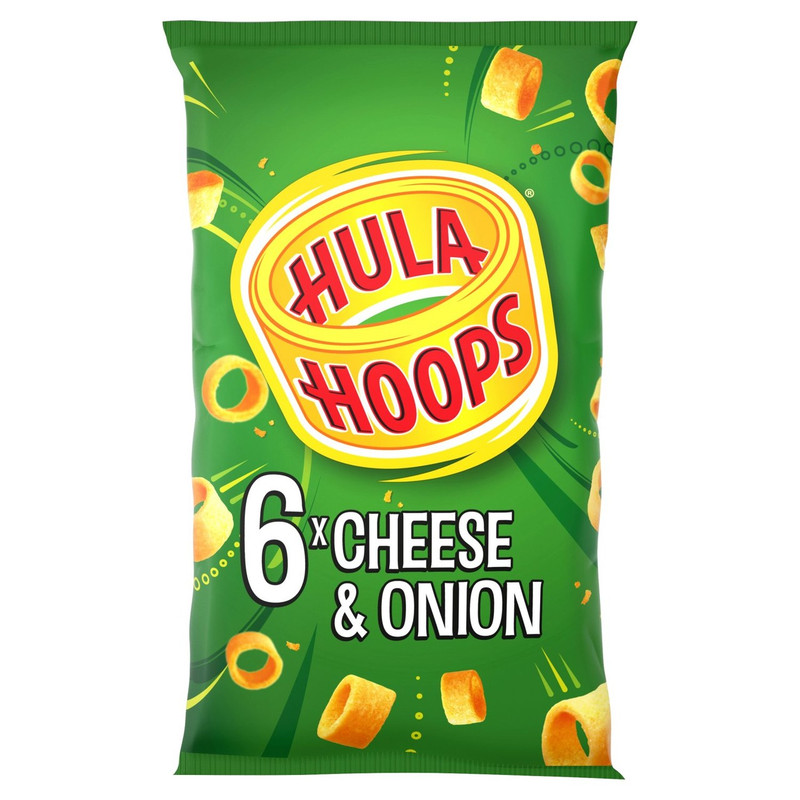 Hula Hoops Cheese and Onion Potato Rings, 6 x 24g, front of pack, available at crisps.biz