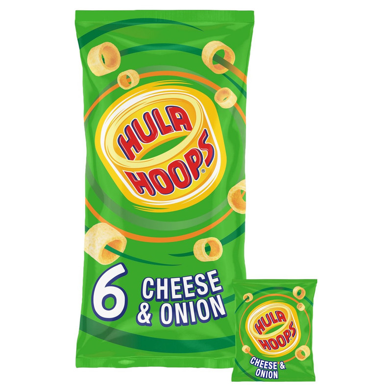 Hula Hoops Cheese and Onion Potato Rings, 6 x 24g, pack shot 2, available at crisps.biz