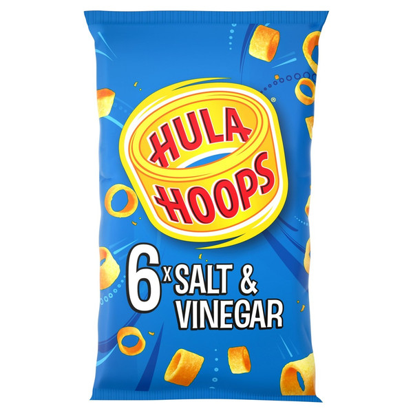 Hula Hoops Salt and Vinegar Potato Rings, 6 x 24g, front of pack, available at crisps.biz