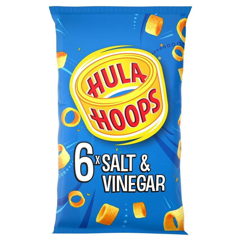 Hula Hoops Salt and Vinegar Potato Rings, 6 x 24g, front of pack, available at crisps.biz