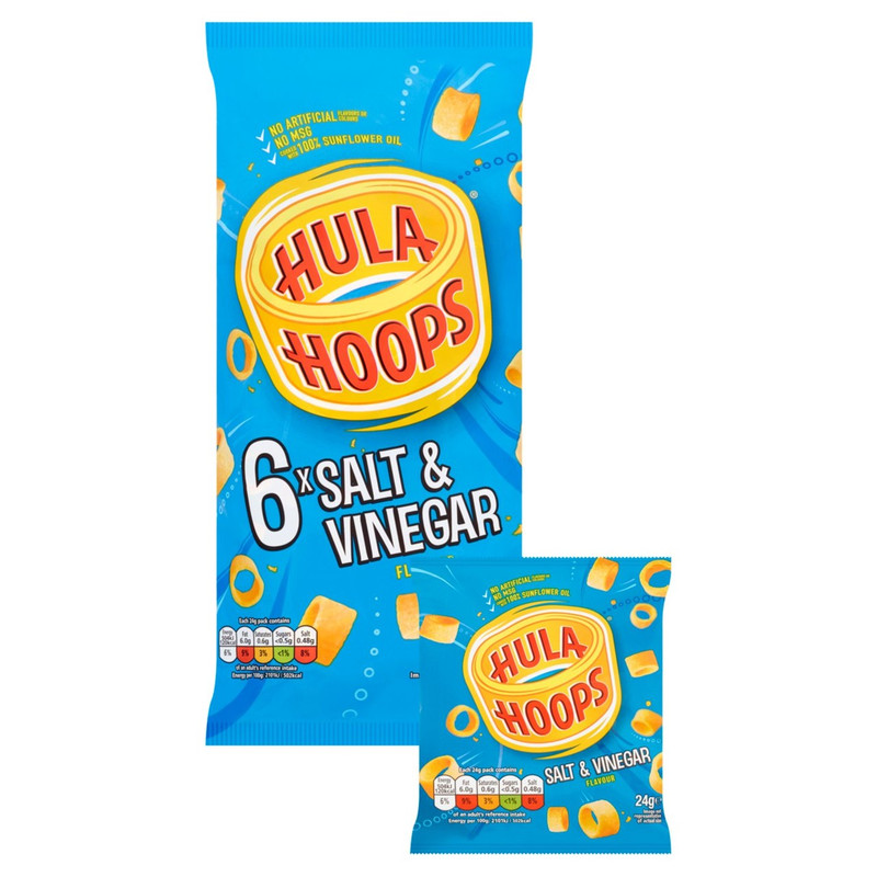 Hula Hoops Salt and Vinegar Potato Rings, 6 x 24g, pack shot 2, available at crisps.biz