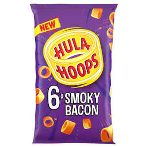 Hula Hoops Smoky Bacon Potato Rings, 6 x 24g, front of pack, available at crisps.biz