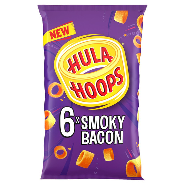 Hula Hoops Smoky Bacon Potato Rings, 6 x 24g, front of pack, available at crisps.biz