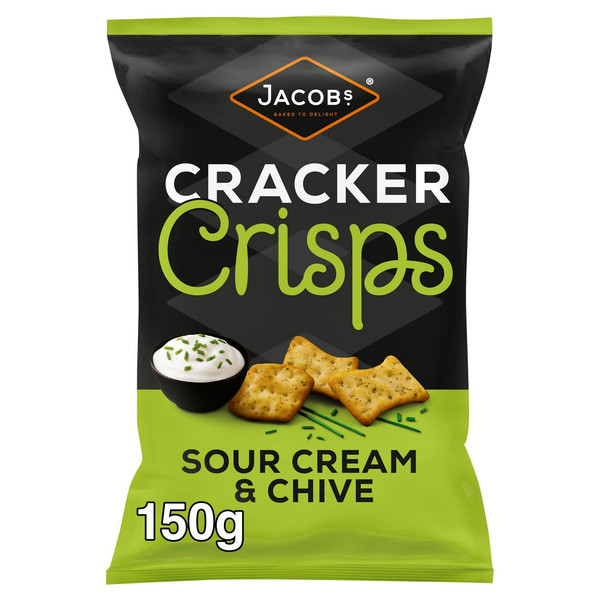 Jacob's Cracker Crisps Sour Cream and Chive, 150g, front of pack, available at crisps.biz