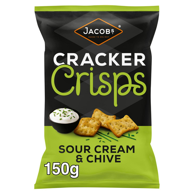 Jacob's Cracker Crisps Sour Cream and Chive, 150g, front of pack, available at crisps.biz