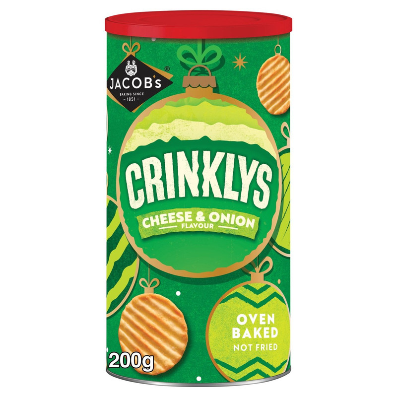 Jacob's Crinklys Cheese and Onion Crisps, 200g, front of pack, available at crisps.biz