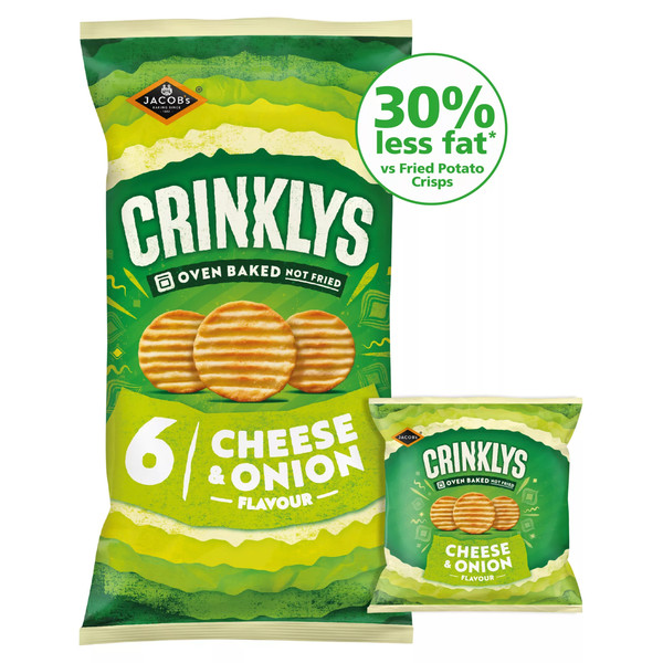 Jacob's Crinklys Cheese and Onion Crisps, 6 x 23g, front of pack, available at crisps.biz