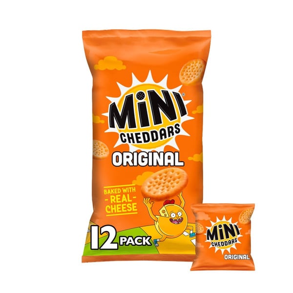Jacob's Mini Cheddars Original Baked Snacks, 12 x 23g, front of pack, available at crisps.biz