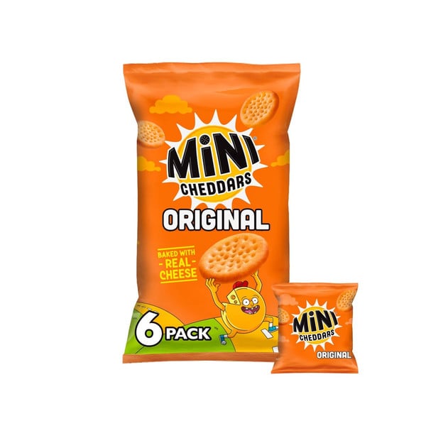 Jacob's Mini Cheddars Original Baked Snacks, 6 x 23g, front of pack, available at crisps.biz