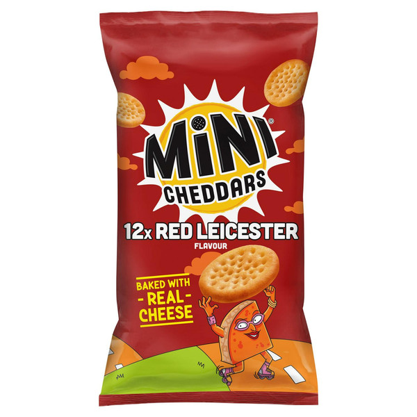 Jacob's Mini Cheddars Red Leicester Baked Snacks, 12 x 23g, front of pack, available at crisps.biz