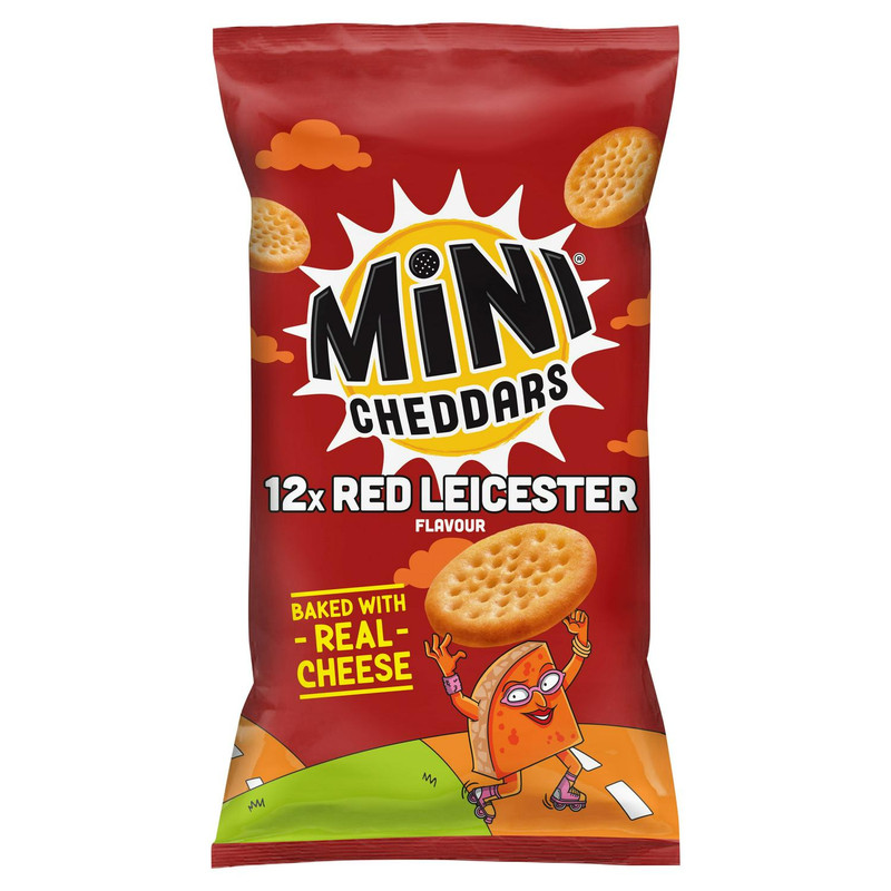 Jacob's Mini Cheddars Red Leicester Baked Snacks, 12 x 23g, front of pack, available at crisps.biz