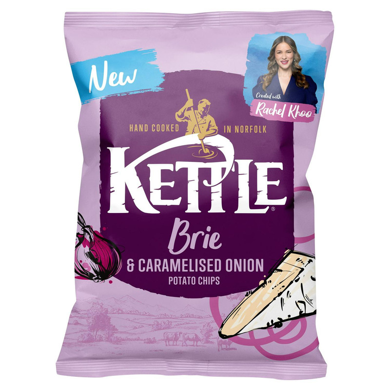 Kettle Brie and Caramelised Onion Potato Chips, 130g, front of pack, available at crisps.biz