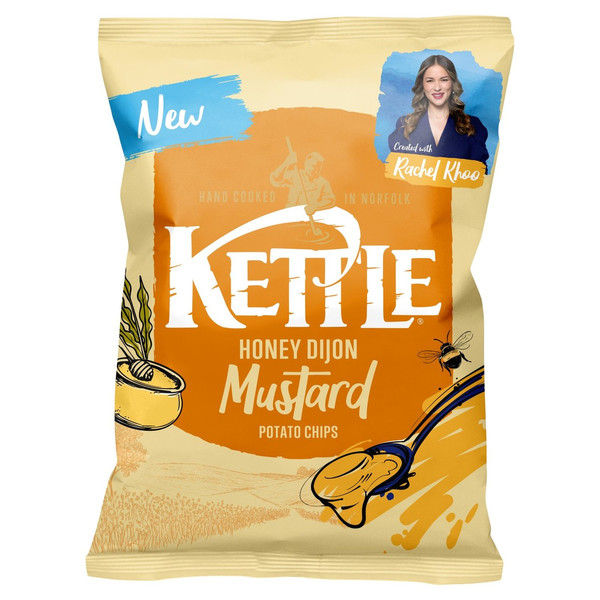 Kettle Honey Dijon Mustard Potato Chips, 130g, front of pack, available at crisps.biz