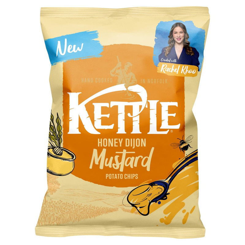Kettle Honey Dijon Mustard Potato Chips, 130g, front of pack, available at crisps.biz
