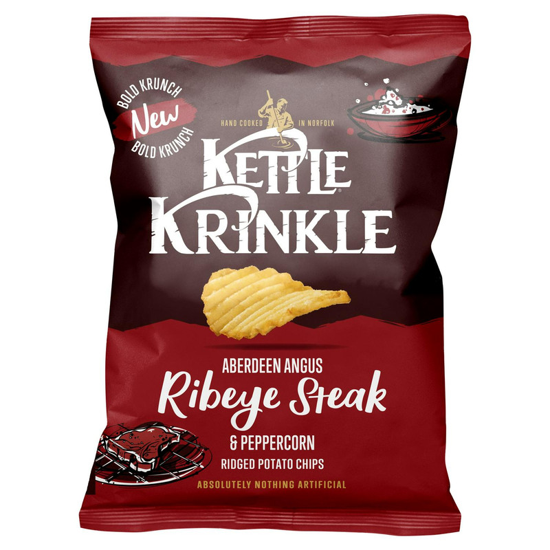Kettle Krinkle Aberdeen Angus Ribeye Steak and Peppercorn Ridged Potato Chips, 130g, front of pack, available at crisps.biz
