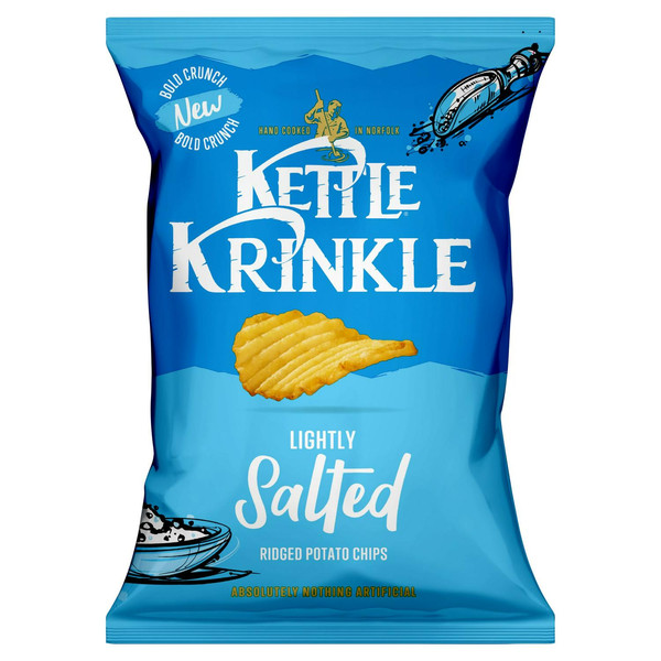 Kettle Krinkle Lightly Salted Ridged Potato Chips, 130g, front of pack, available at crisps.biz