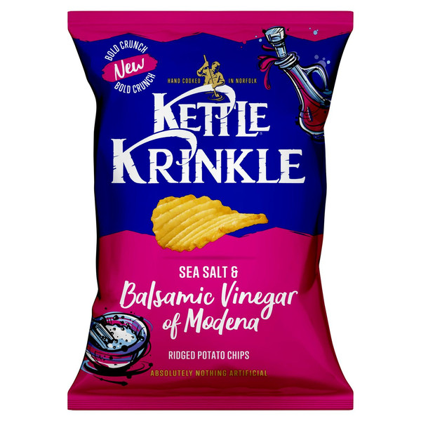 Kettle Krinkle Sea Salt and Balsamic Vinegar of Modena Ridged Potato Chips, 130g, front of pack, available at crisps.biz