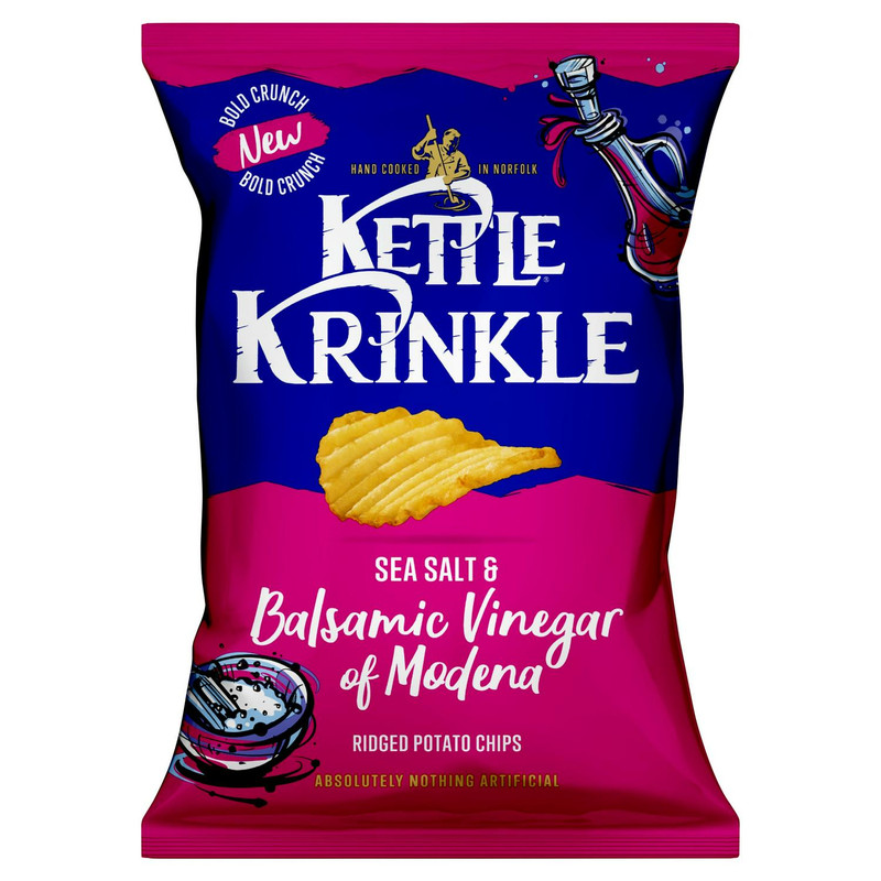 Kettle Krinkle Sea Salt and Balsamic Vinegar of Modena Ridged Potato Chips, 130g, front of pack, available at crisps.biz