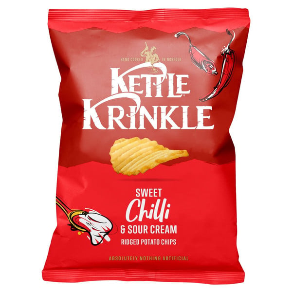 Kettle Krinkle Sweet Chilli and Sour Cream Ridged Potato Chips, 130g, front of pack, available at crisps.biz