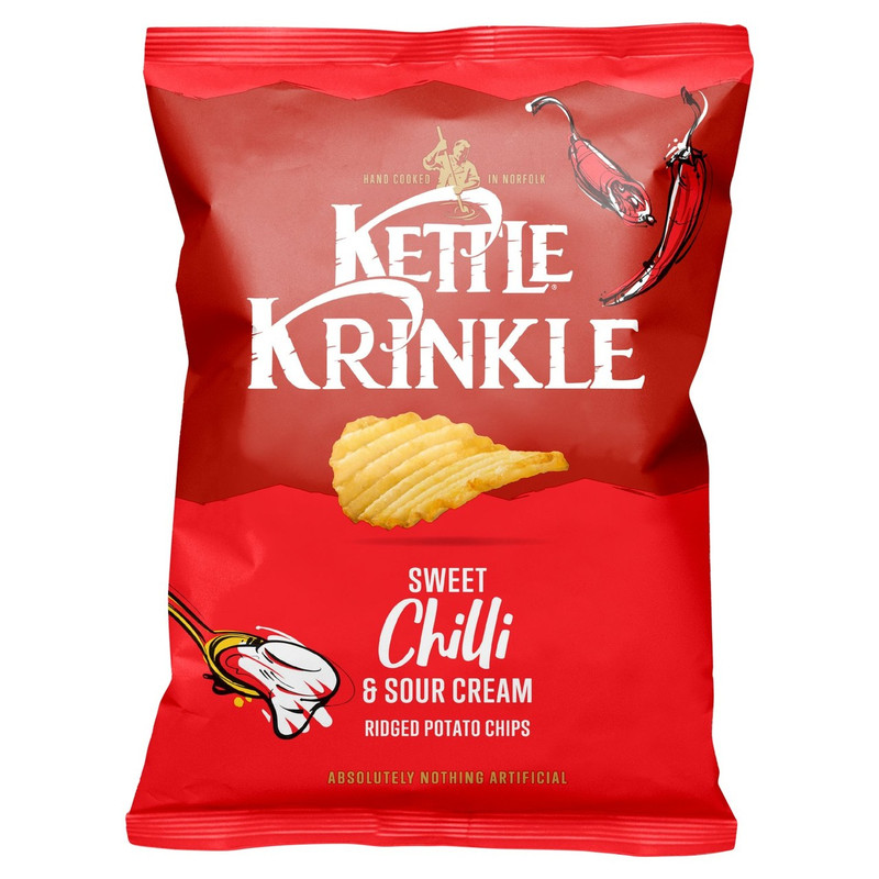 Kettle Krinkle Sweet Chilli and Sour Cream Ridged Potato Chips, 130g, front of pack, available at crisps.biz