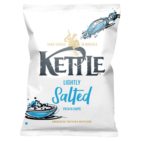 Kettle Lightly Salted Potato Chips, 130g, front of pack, available at crisps.biz