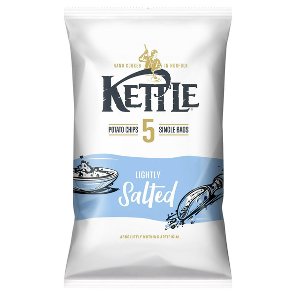 Kettle Lightly Salted Potato Chips, 5 x 25g, front of pack, available at crisps.biz