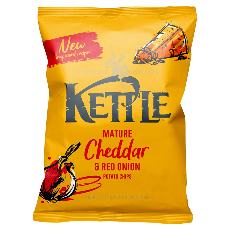Kettle Mature Cheddar and Red Onion Potato Chips, 130g, front of pack, available at crisps.biz