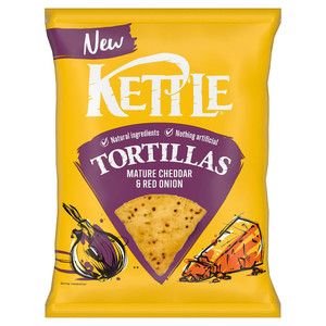 Kettle Mature Cheddar and Red Onion Tortilla Chips, 140g, front of pack, available at crisps.biz