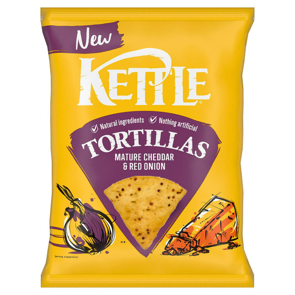 Kettle Mature Cheddar and Red Onion Tortilla Chips, 140g, front of pack, available at crisps.biz