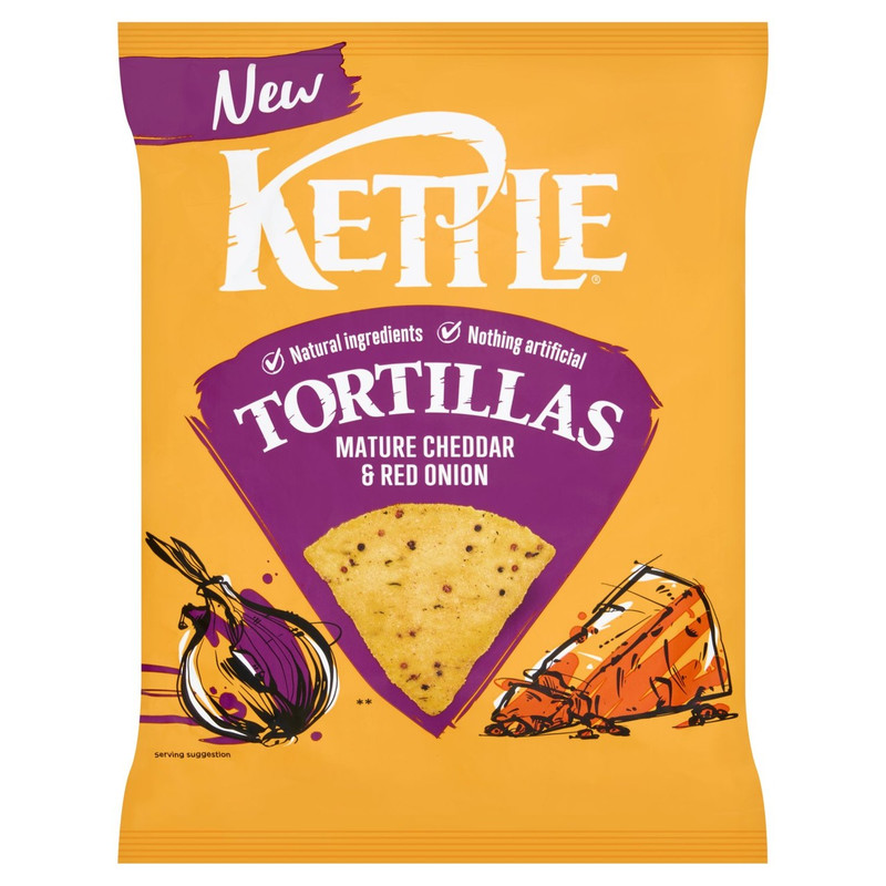 Kettle Mature Cheddar and Red Onion Tortilla Chips, 140g, pack shot 2, available at crisps.biz