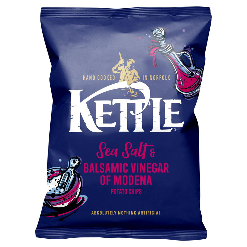 Kettle Sea Salt and Balsamic Vinegar of Modena Potato Chips, 130g, front of pack, available at crisps.biz