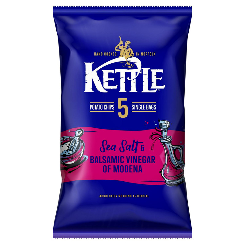 Kettle Sea Salt and Balsamic Vinegar of Modena Potato Chips, 5 x 25g, front of pack, available at crisps.biz