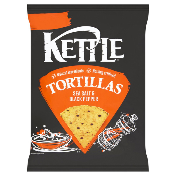 Kettle Sea Salt and Black Pepper Tortilla Chips, 140g, front of pack, available at crisps.biz