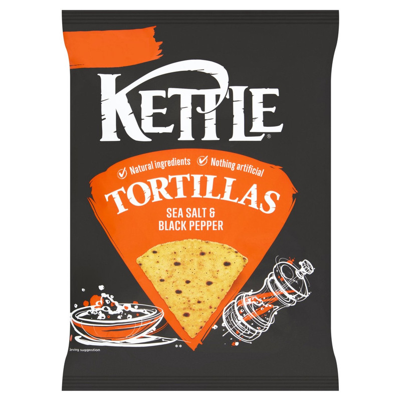 Kettle Sea Salt and Black Pepper Tortilla Chips, 140g, front of pack, available at crisps.biz