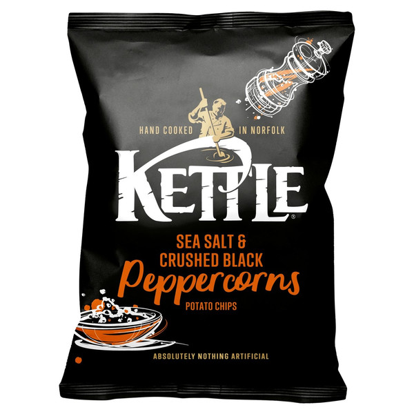 Kettle Sea Salt and Crushed Black Peppercorns Potato Chips, 130g, front of pack, available at crisps.biz